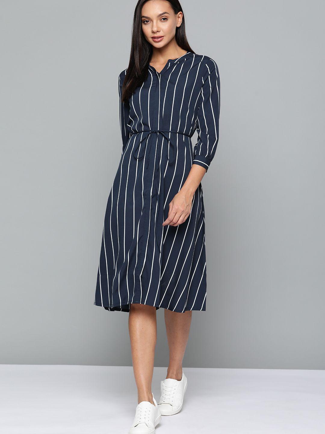 harvard women navy blue & white striped shirt midi dress