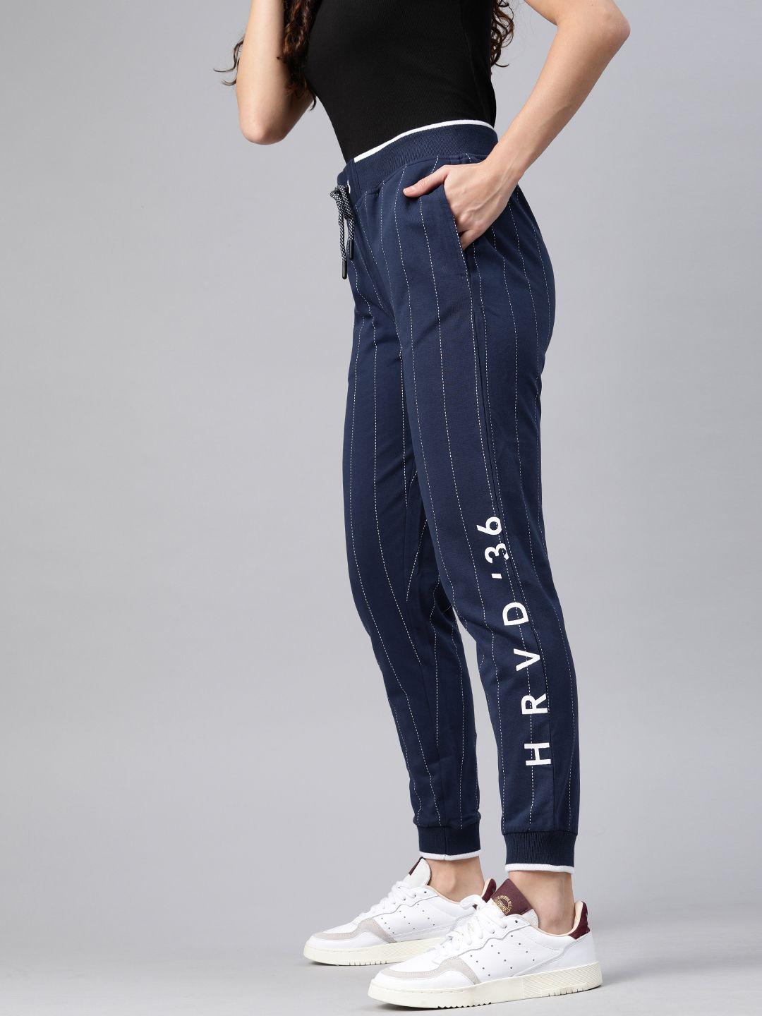 harvard women navy blue & white striped slim fit joggers