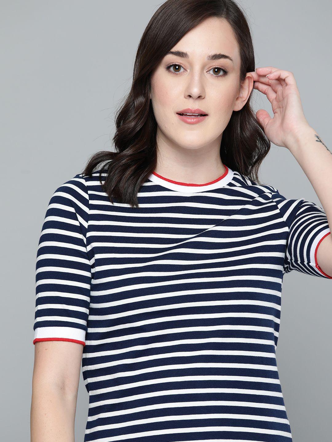 harvard women navy blue  white striped round neck pure cotton t-shirt