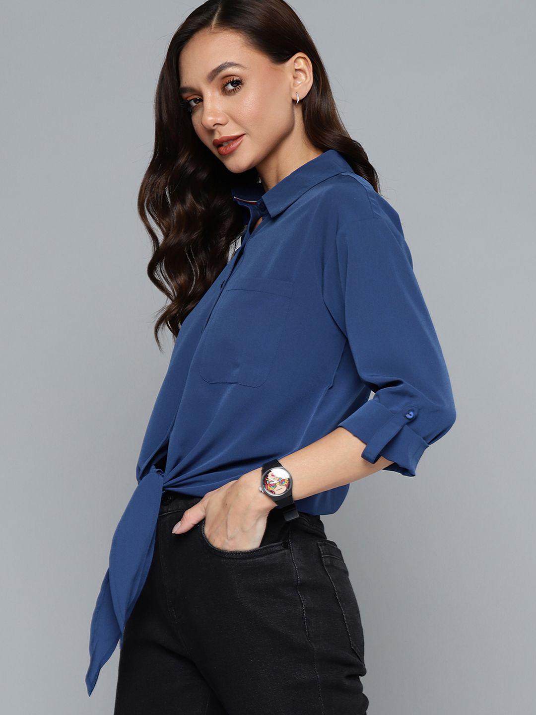 harvard women navy blue solid  casual shirt