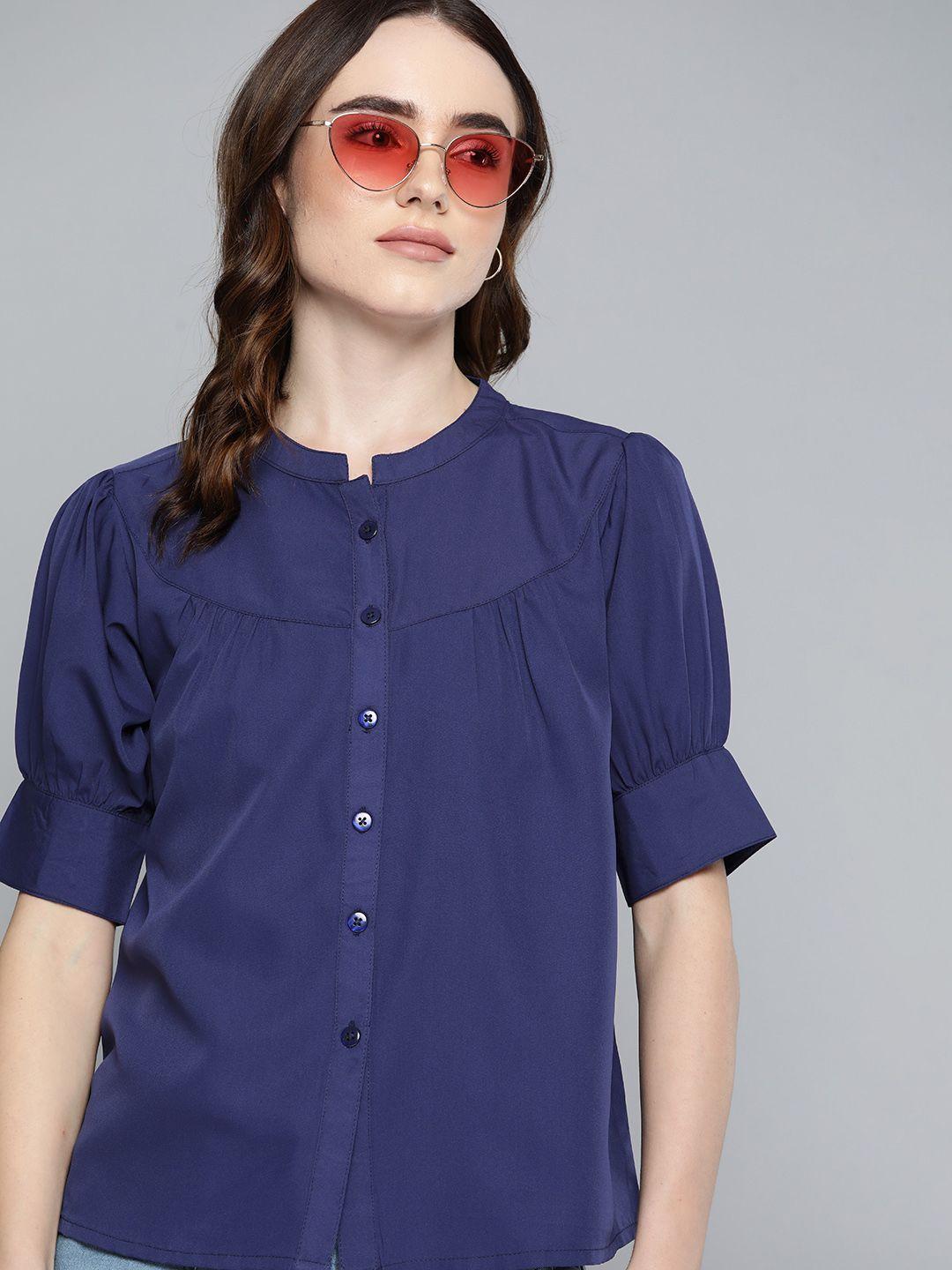 harvard women navy blue solid casual shirt