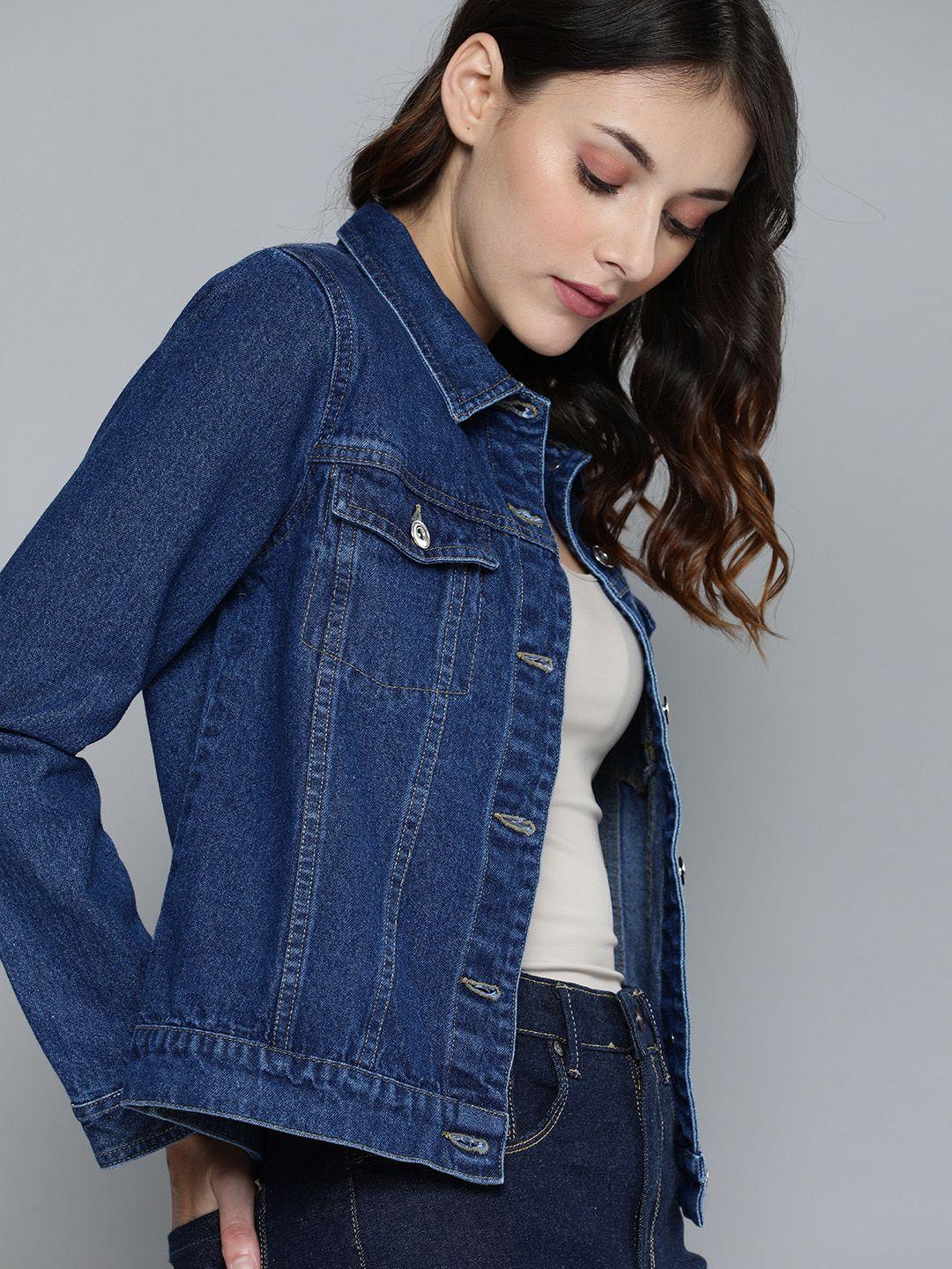 harvard women navy blue solid denim jacket