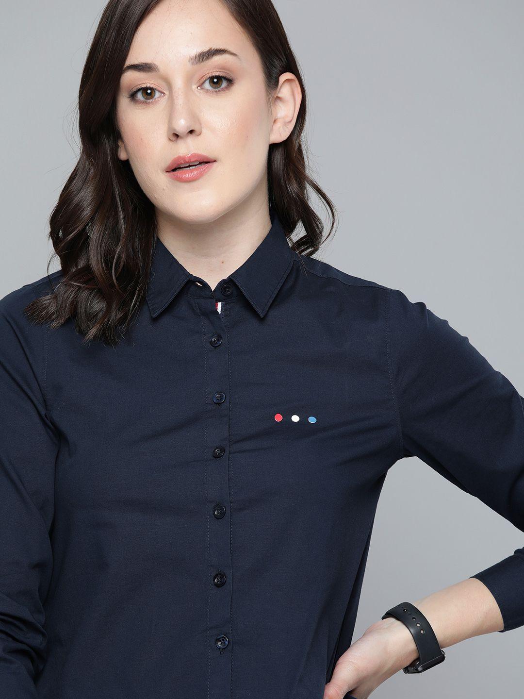 harvard women navy blue solid pure cotton regular fit casual shirt