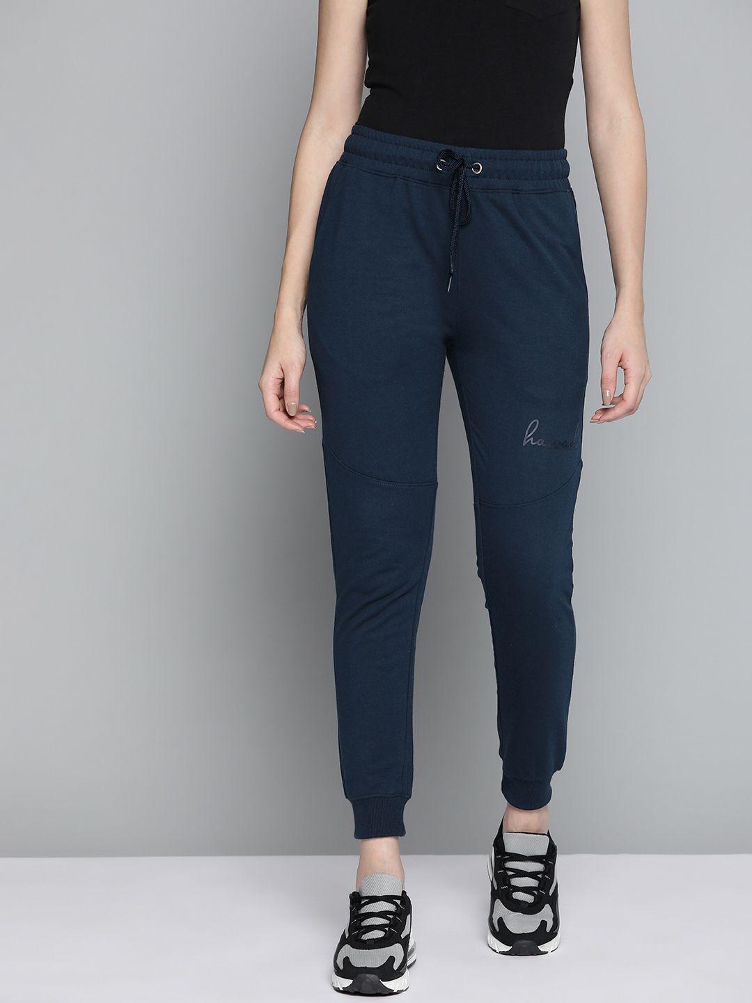 harvard women navy blue solid regular fit joggers