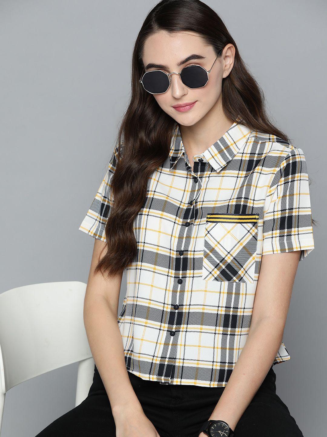 harvard women off white & navy blue tartan checked casual shirt