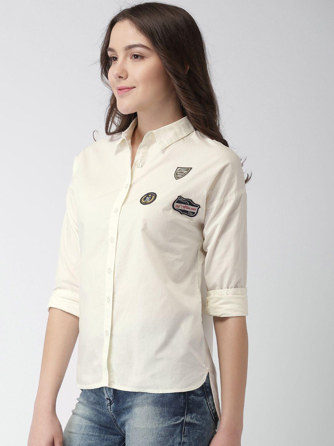 harvard women off-white regular fit solid casual shirt