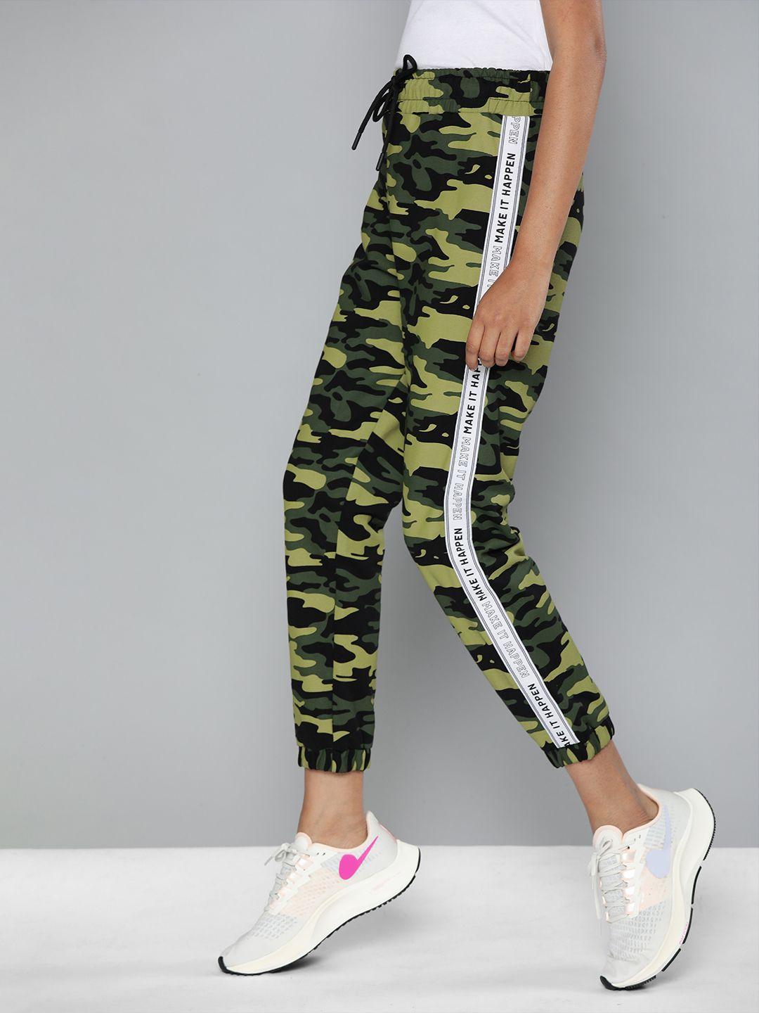 harvard women olive green & black camouflage printed slim cropped joggers with side taping