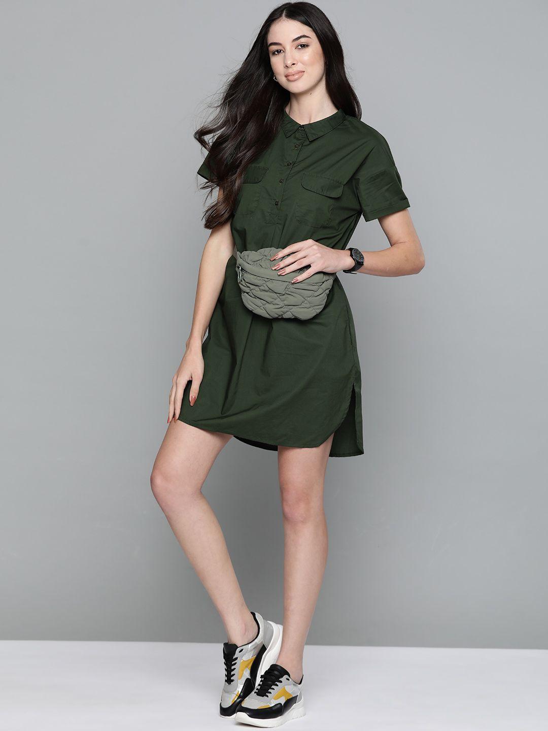 harvard women olive green pure cotton solid shirt dress