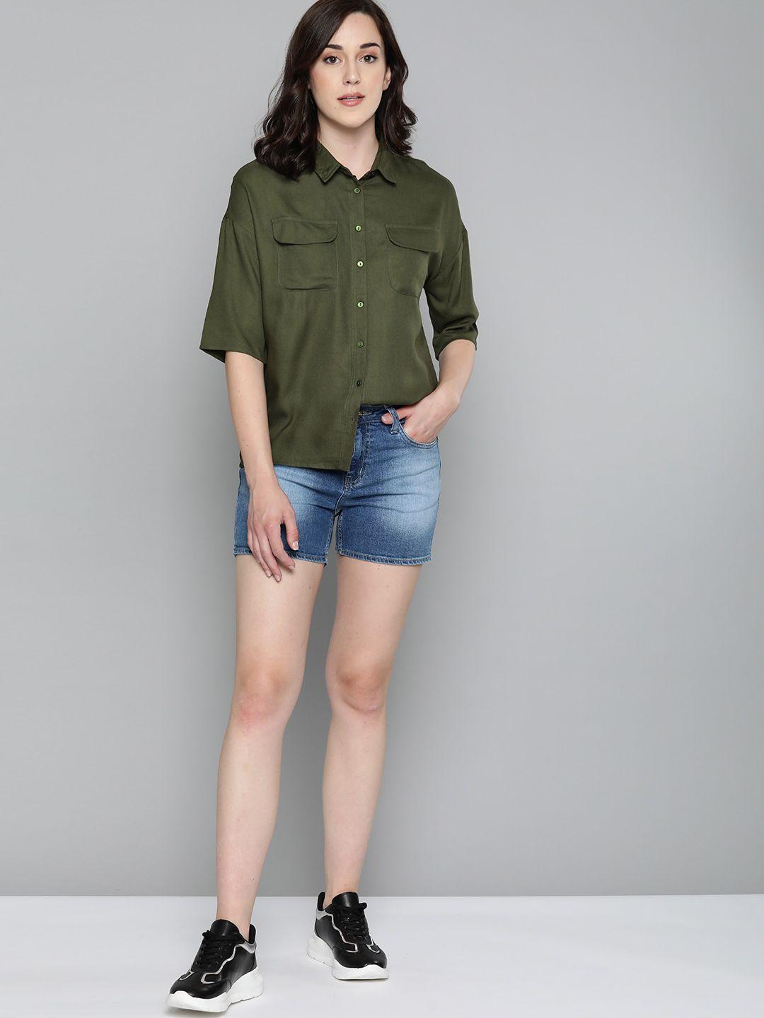 harvard women olive green regular fit solid casual shirt