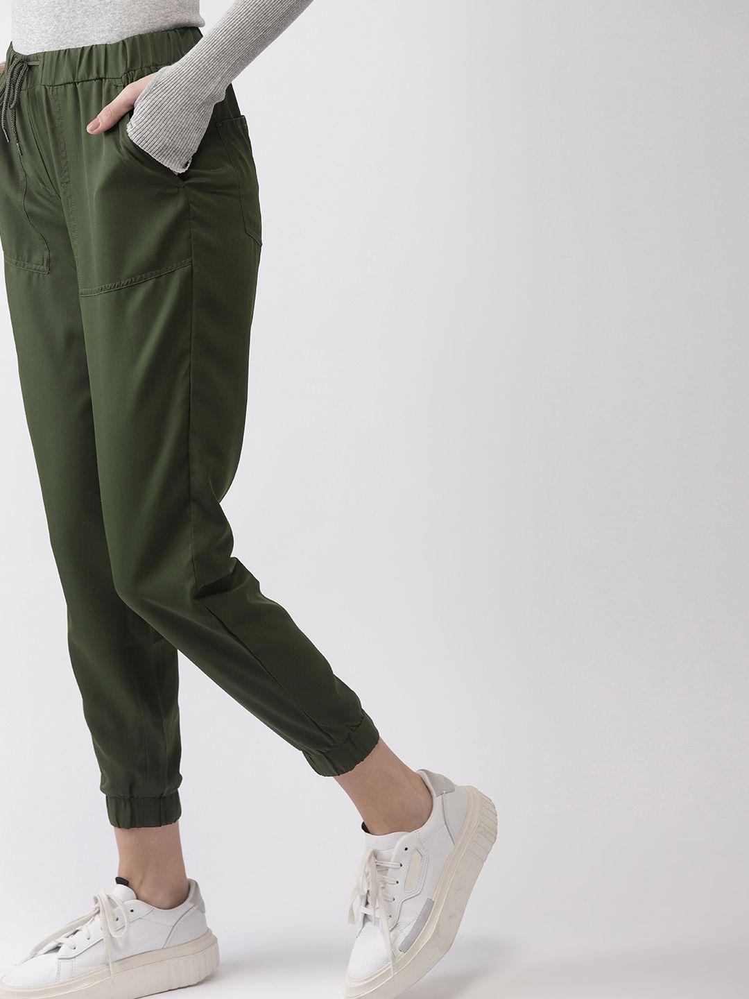 harvard women olive green regular fit solid cropped joggers