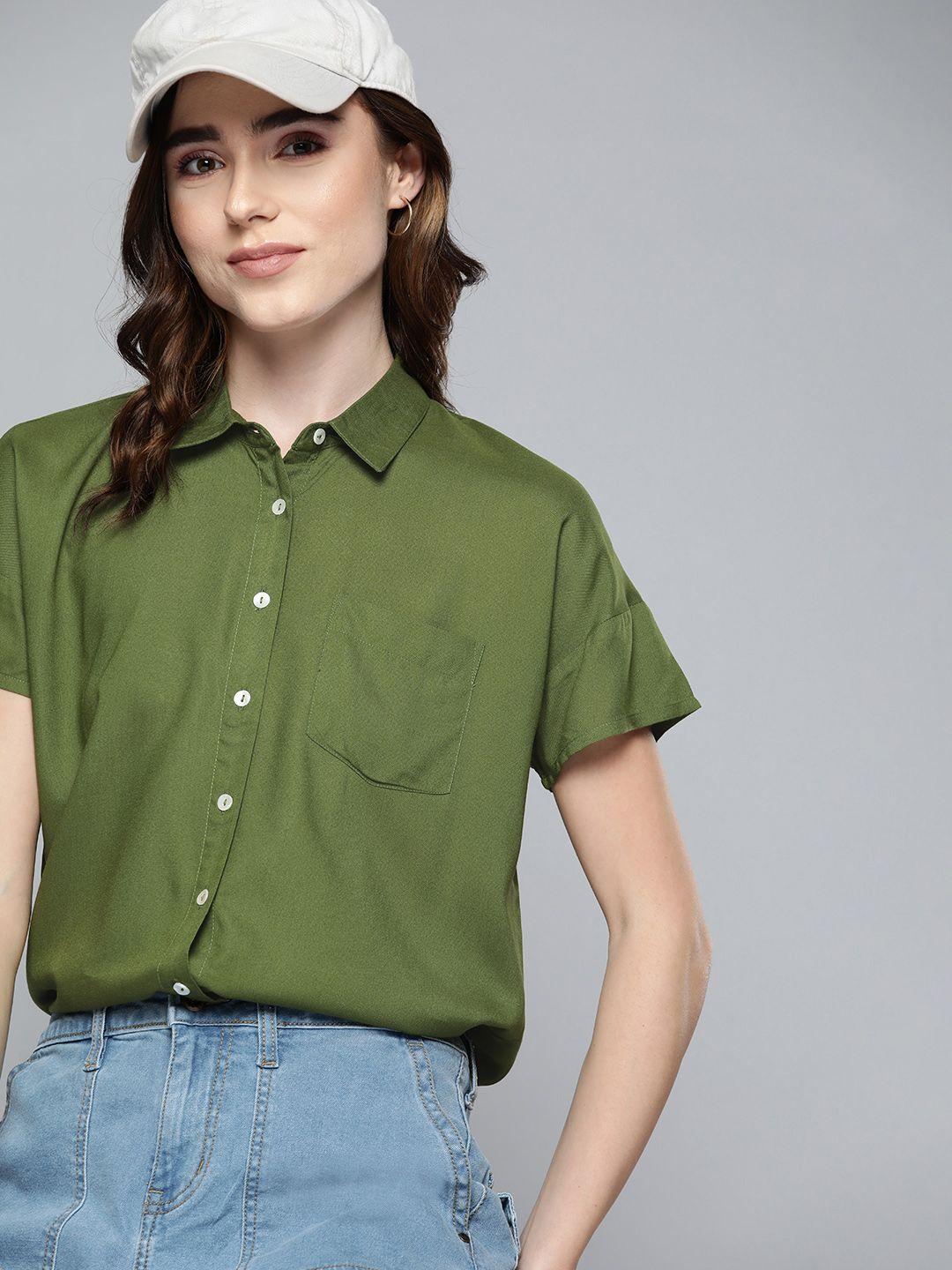 harvard women olive green solid casual shirt