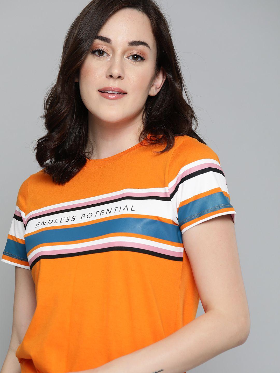 harvard women orange & teal blue pure cotton striped round neck t-shirt
