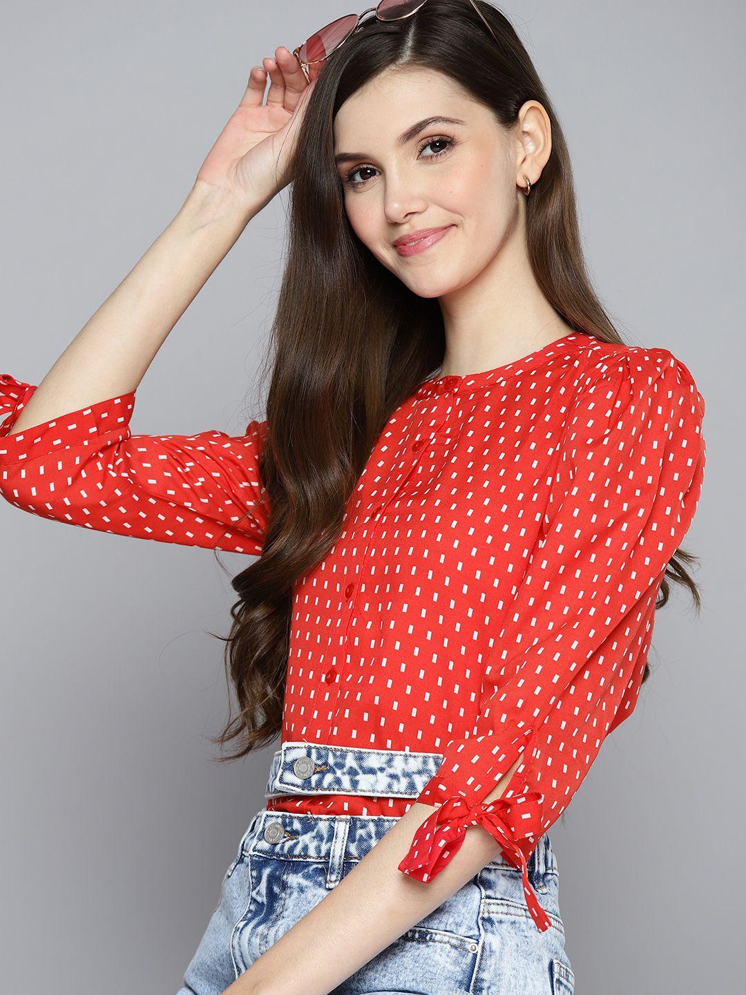 harvard women red & white geometric printed casual shirt