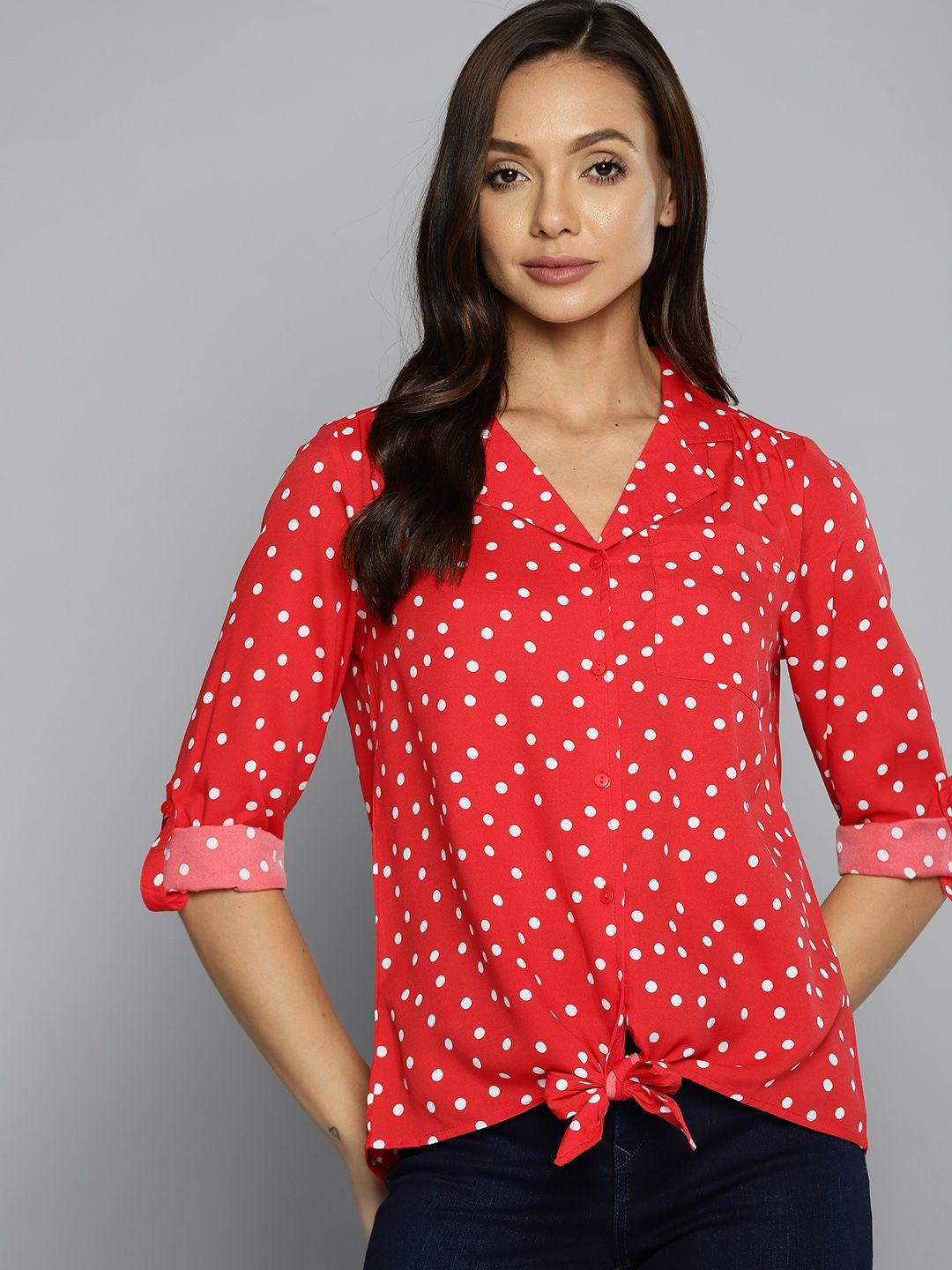 harvard women red & white polka dot printed casual shirt with knot detail