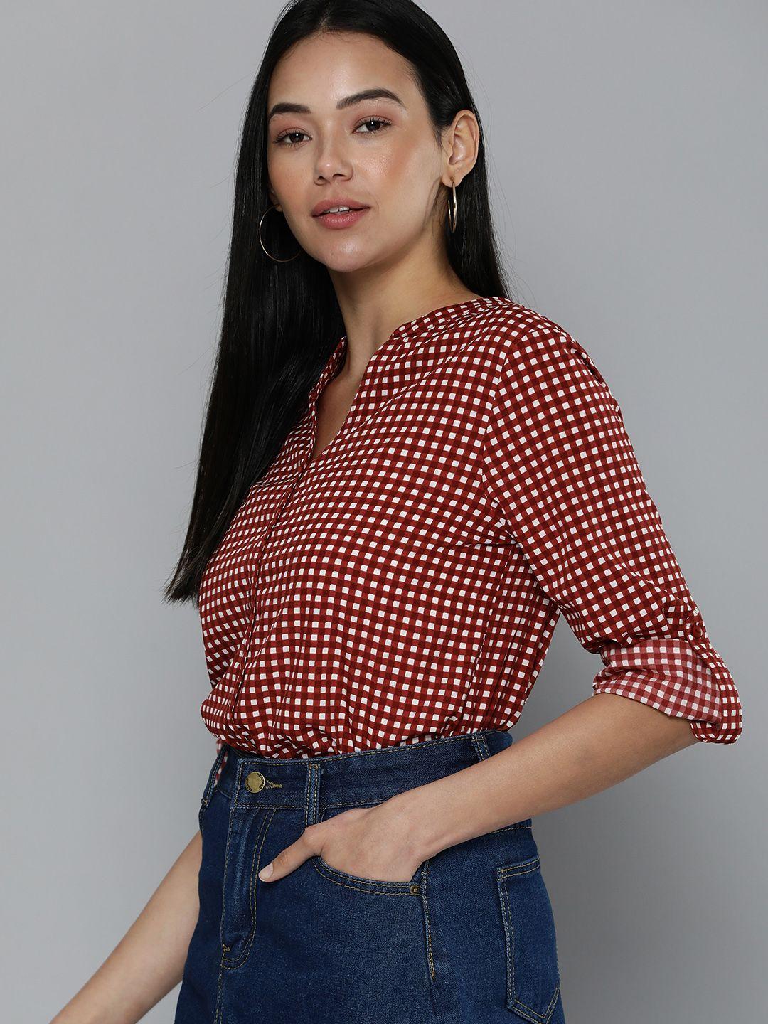 harvard women red gingham checks roll-up sleeves casual shirt