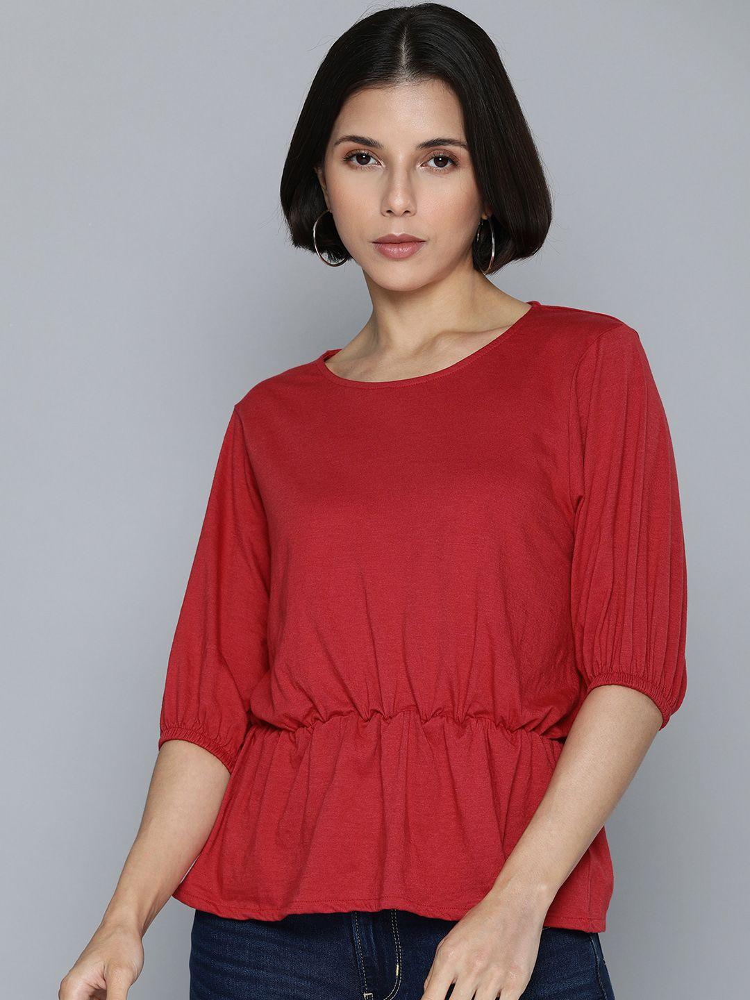 harvard women red solid bishop sleeves cinched waist top