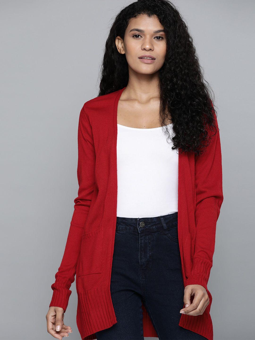 harvard women red solid front-open longline sweater