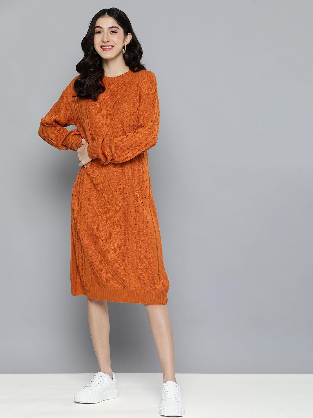 harvard women rust orange self design cable knit knitted sweater midi dress