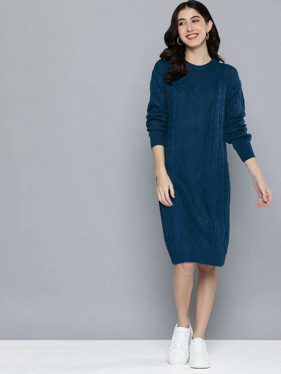 harvard women teal blue self design cable knit knitted jumper midi dress