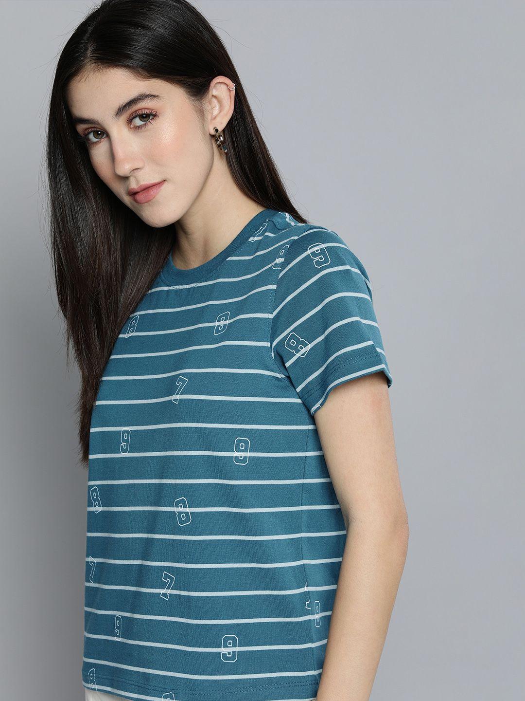 harvard women teal blue striped pure cotton t-shirt