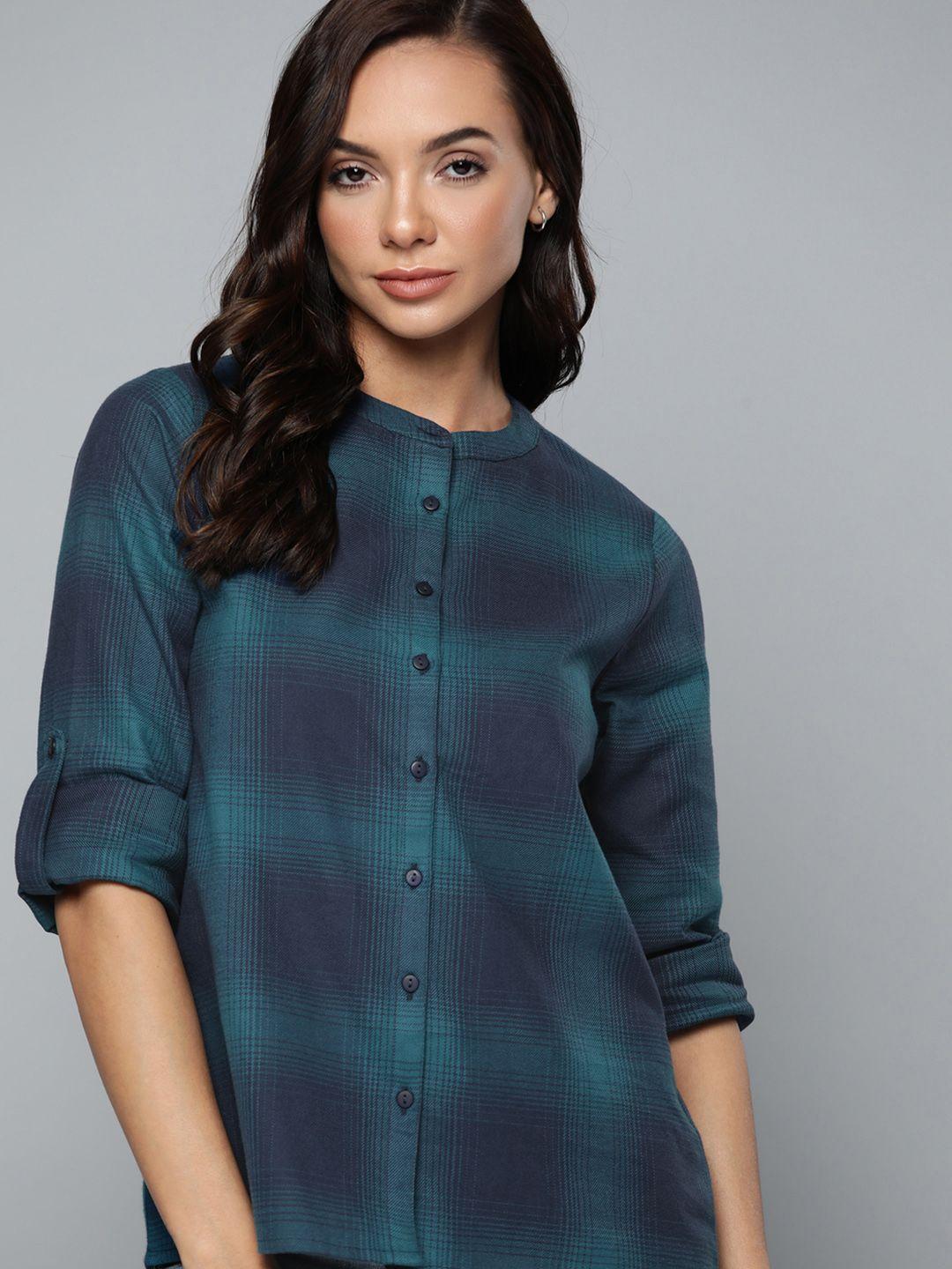 harvard women teal green & navy blue pure cotton buffalo checks casual shirt