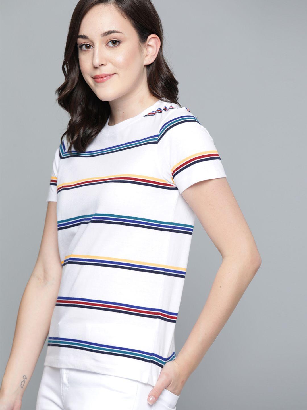 harvard women white striped round neck pure cotton t-shirt