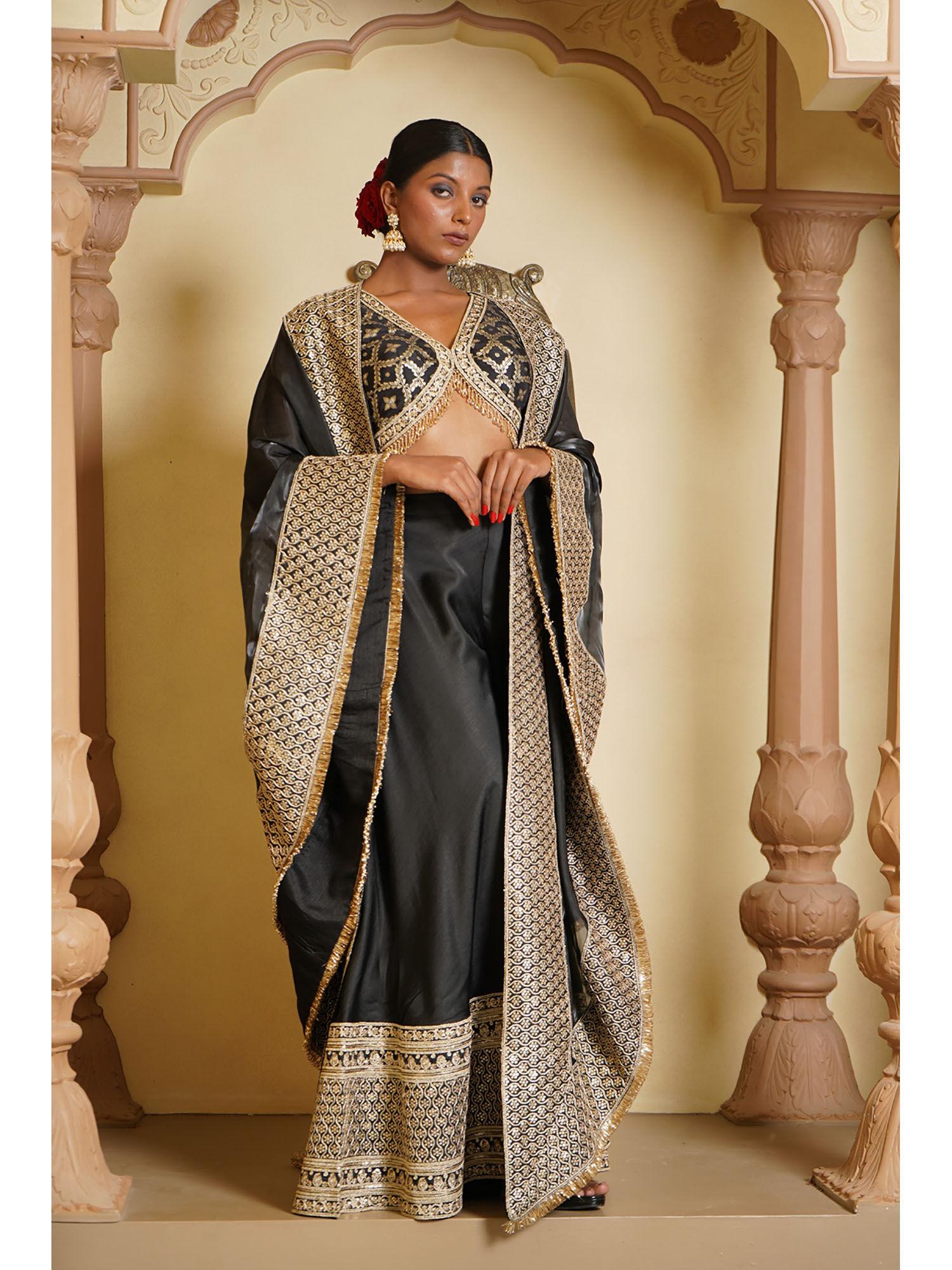 haseena brocade silk blouse and sharara with cape (set of 3)