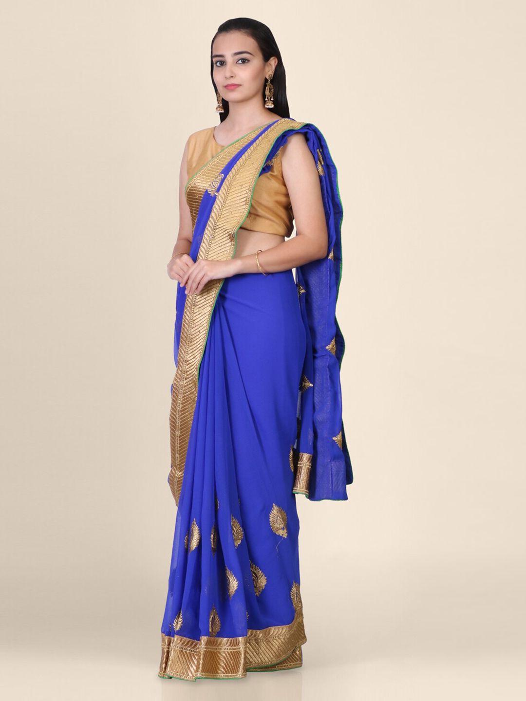hastakala blue & gold-toned pure chiffon printed banarasi saree