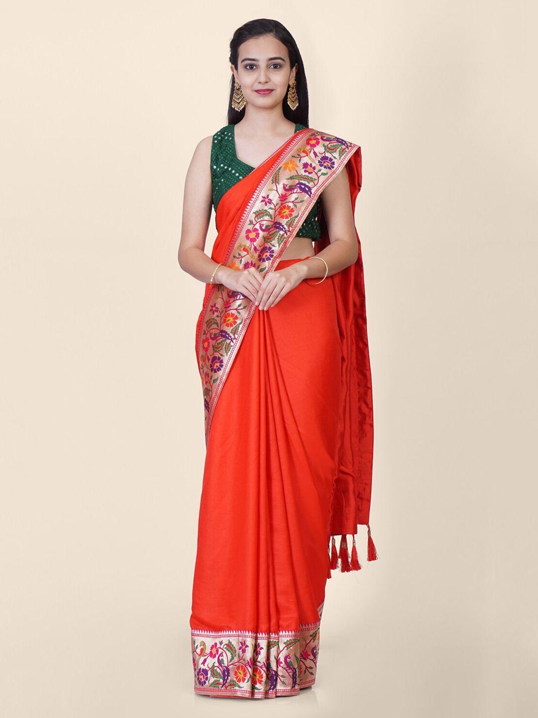 hastakala red satin solid paithani handloom saree with tasseled pallu