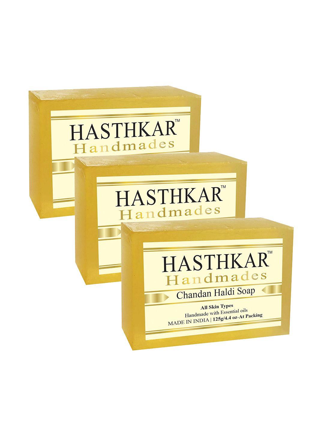 hasthkar set of 3 handmade chandan haldi soap with glycerin & coconut oil - 125 g each