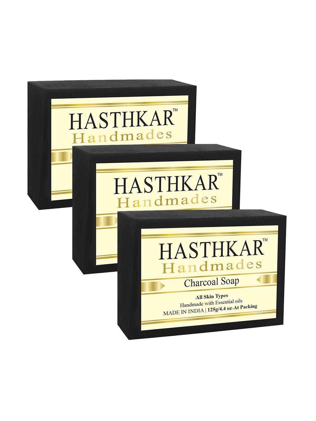 hasthkar set of 3 handmade charcoal soaps for all skin types - 125 g each