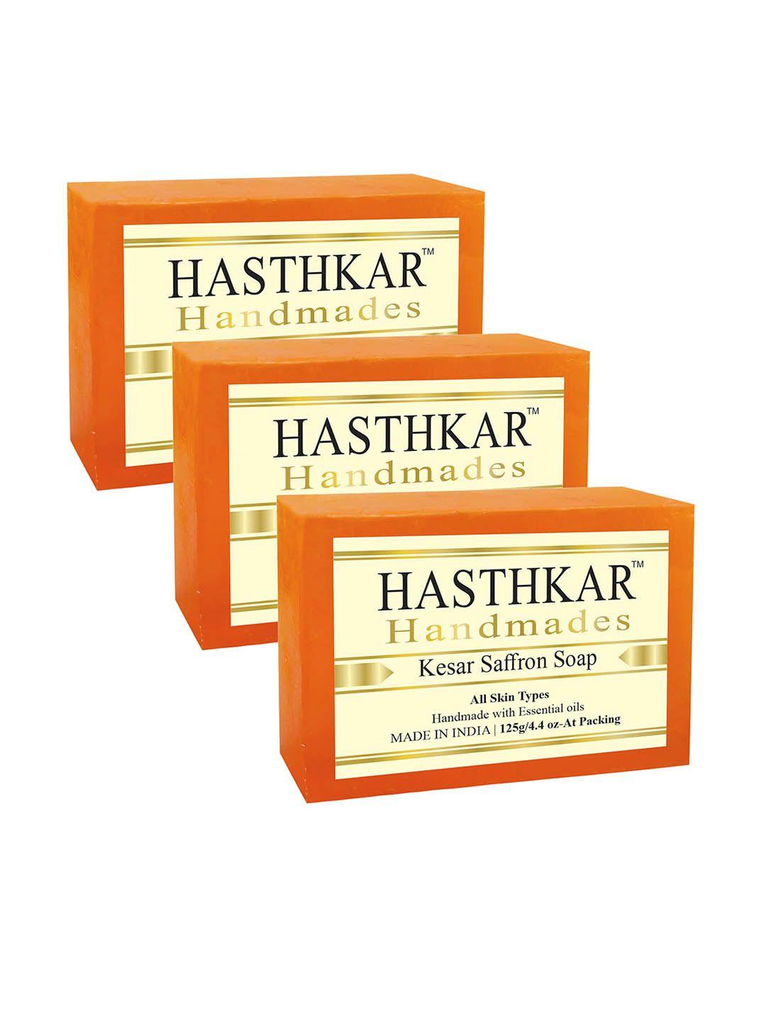 hasthkar set of 3 handmade kesar saffron soap with glycerin & coconut oil - 125 g each