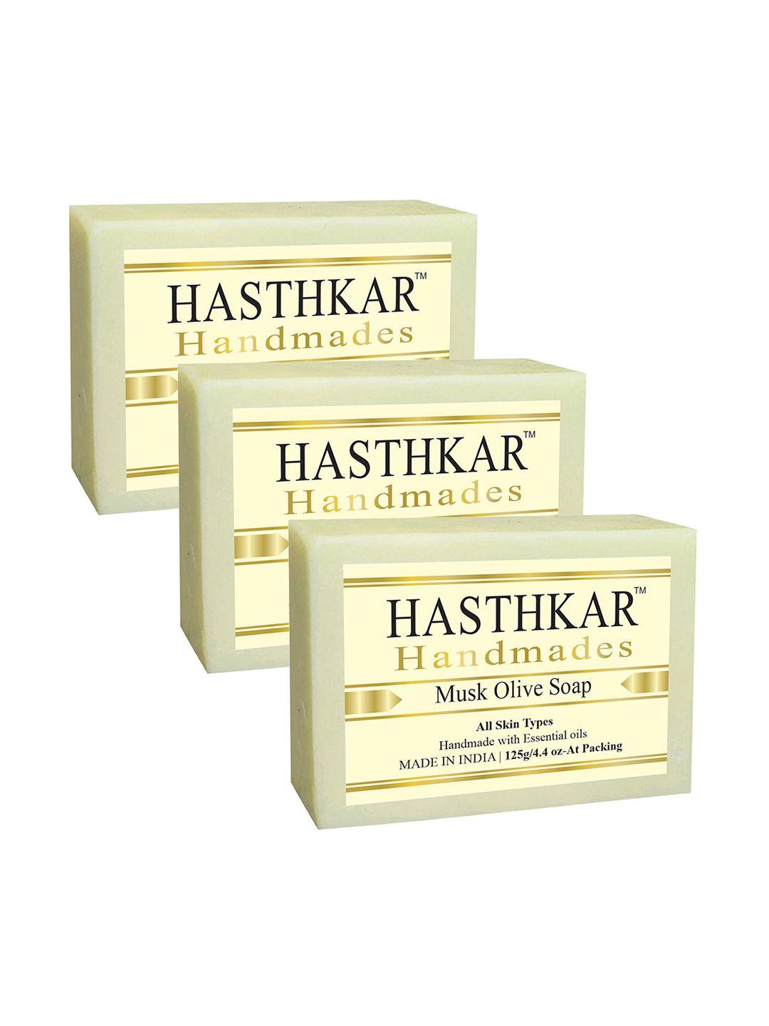 hasthkar set of 3 handmade musk olive soap with glycerin & coconut oil - 125 g each