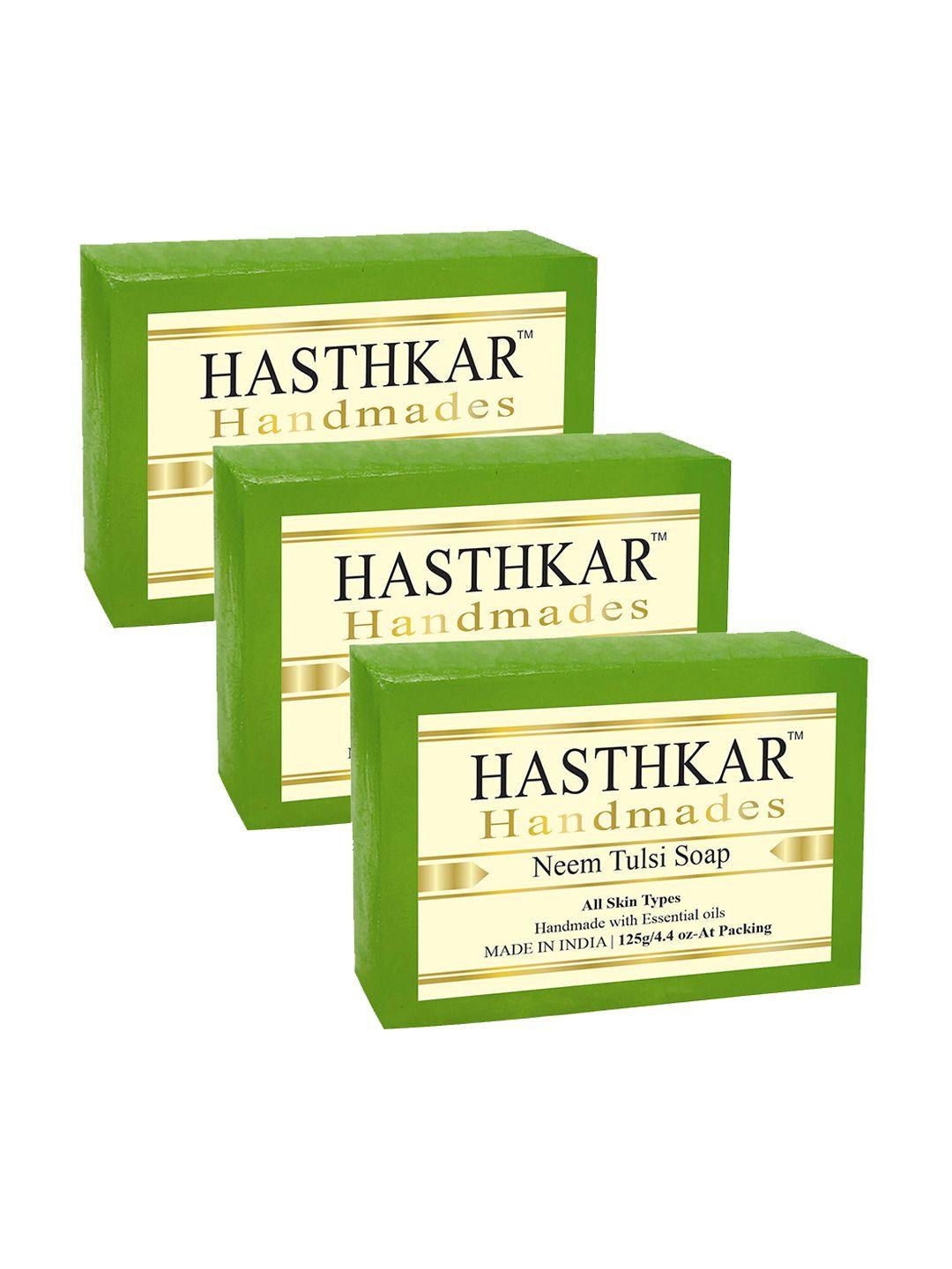 hasthkar set of 3 handmade neem tulsi soap with glycerin & coconut oil - 125 g each