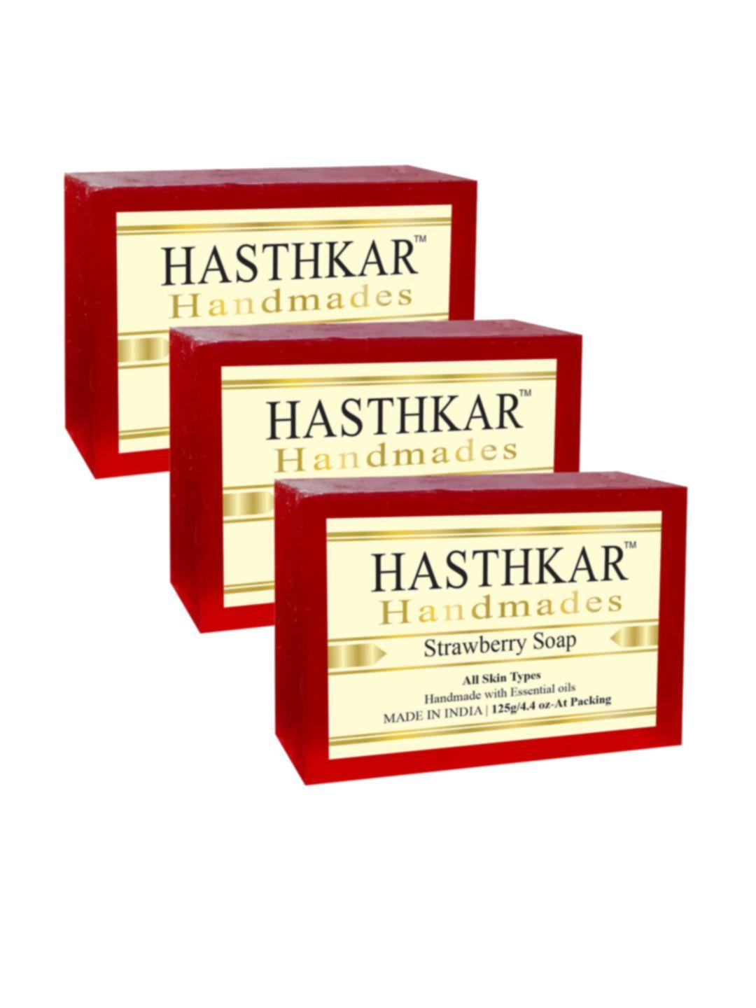 hasthkar set of 3 handmade strawberry soap with glycerin & coconut oil - 125 g each