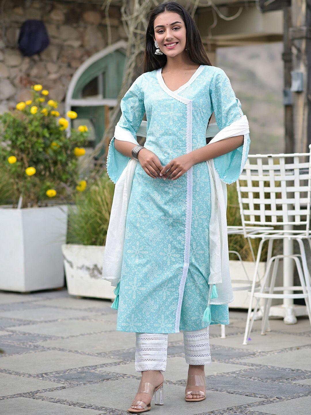 hatheli curved slit sleeves ethnic motifs printed a-line cotton kurta