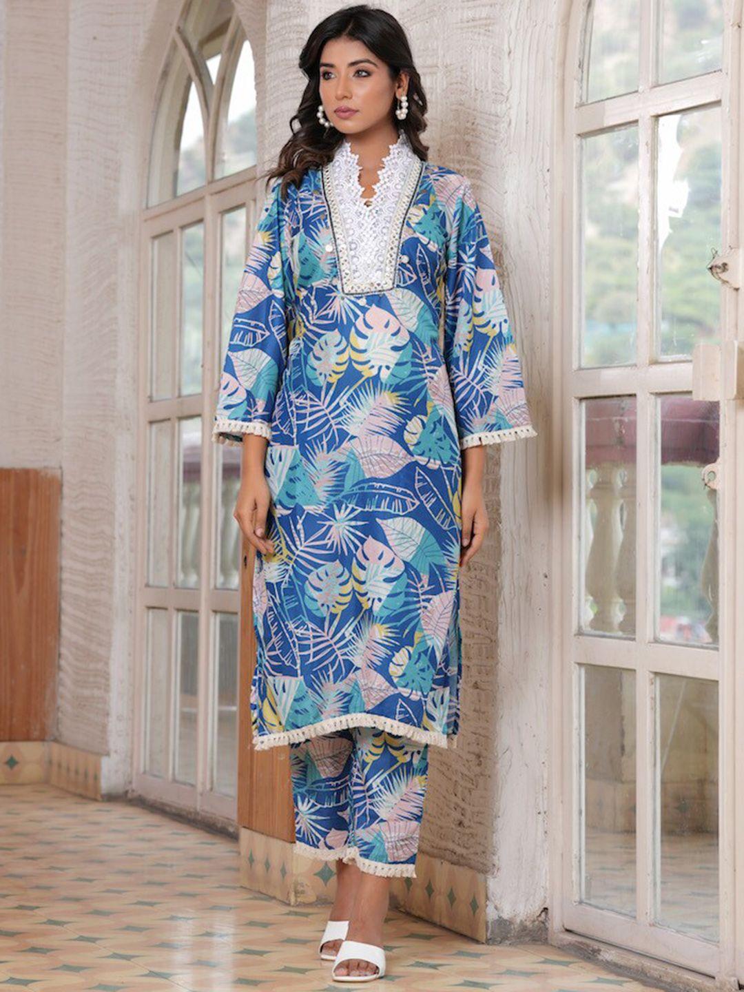 hatheli floral printed v-neck straight kurta with trousers