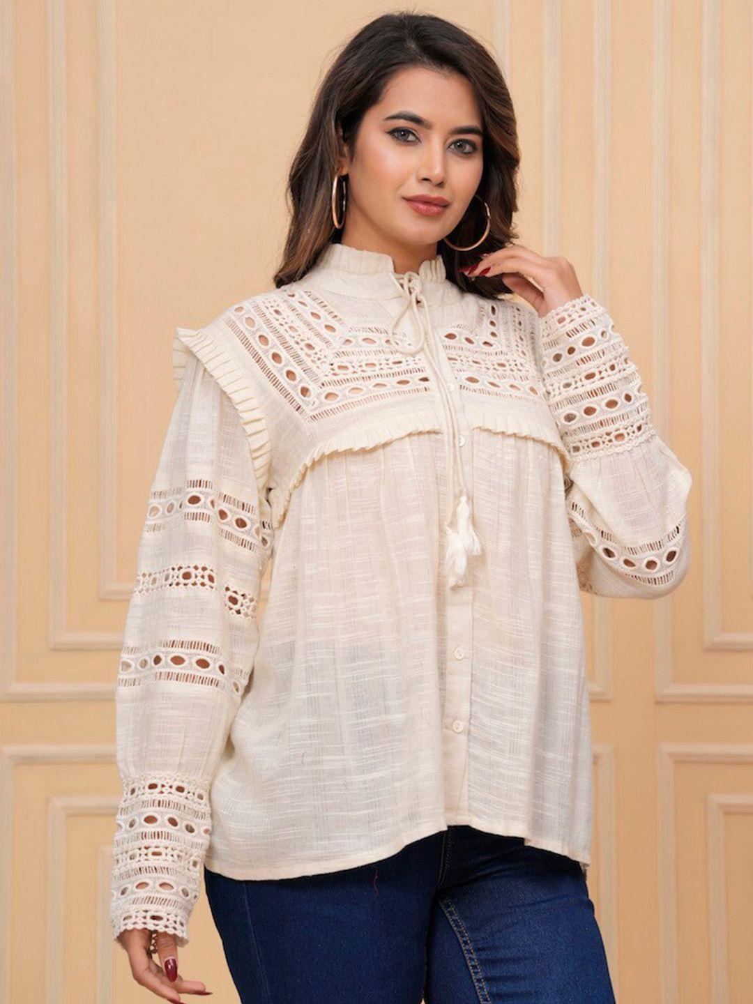 hatheli beige ethnic cotton shirt style top