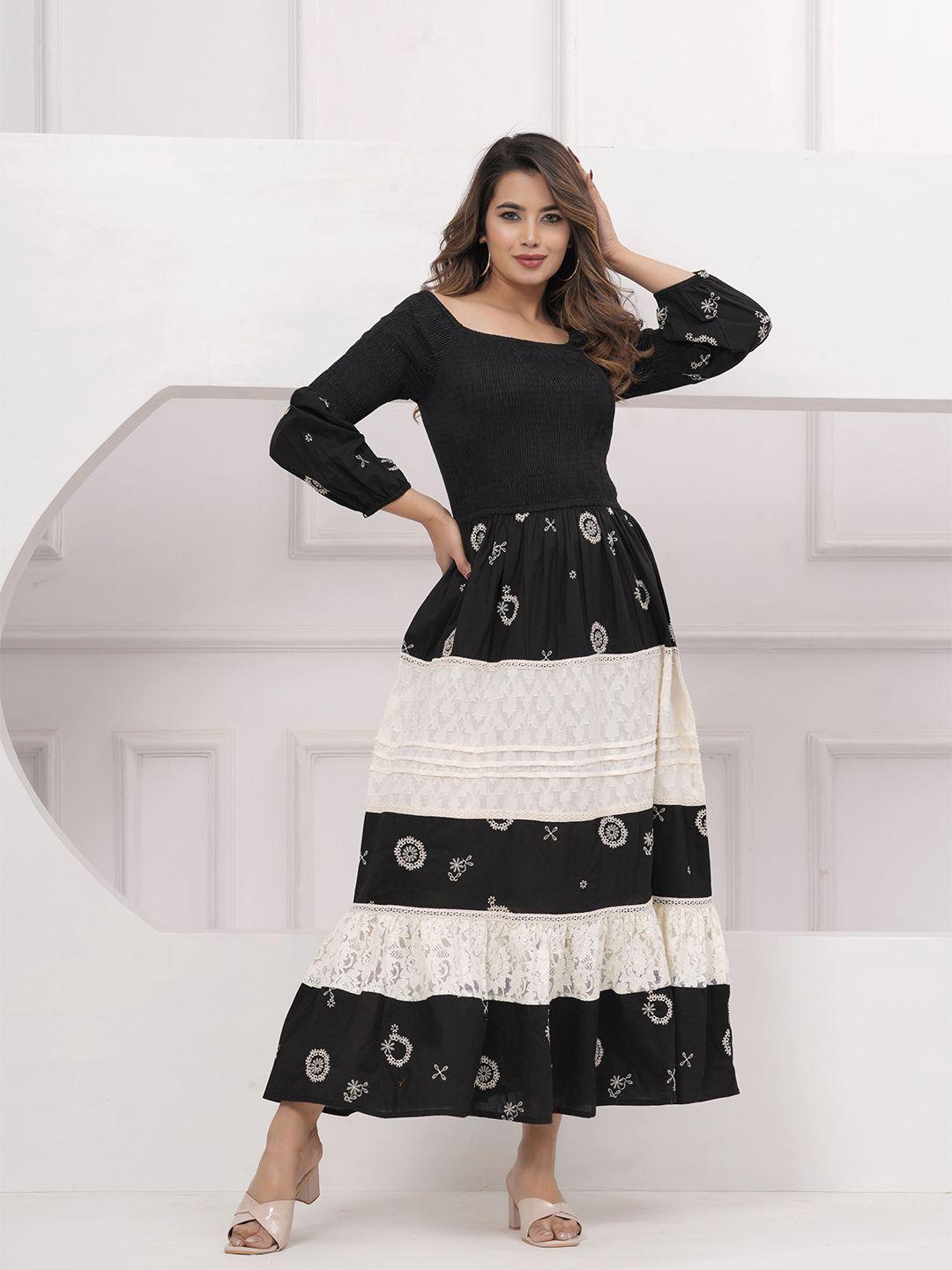 hatheli black ethnic motifs embroidered off-shoulder puff sleeve fit & flare dress