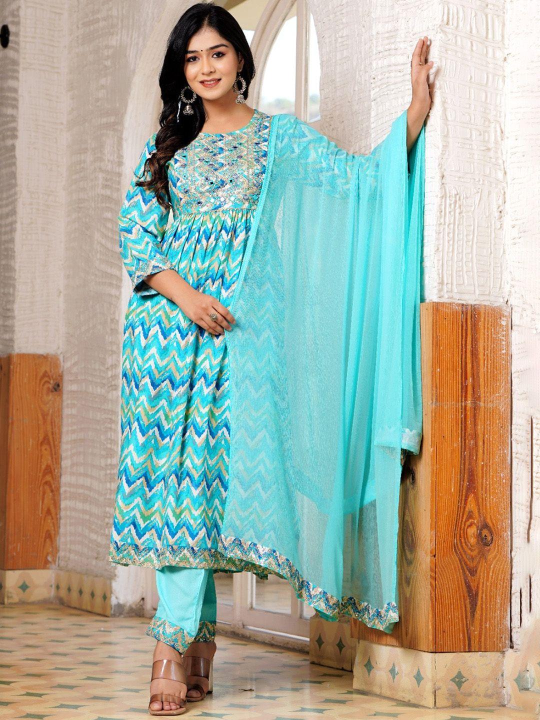 hatheli ethnic mirror work anarkali kurta with trousers & dupatta