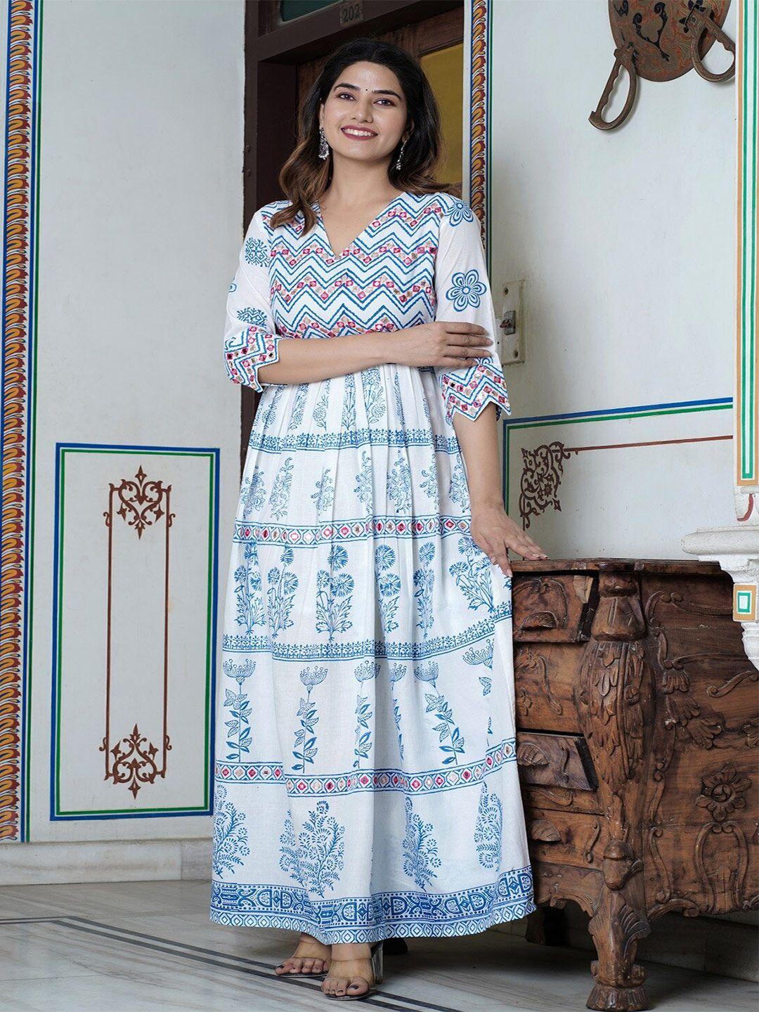 hatheli ethnic motifs block printed mirror work maxi cotton ethnic dress
