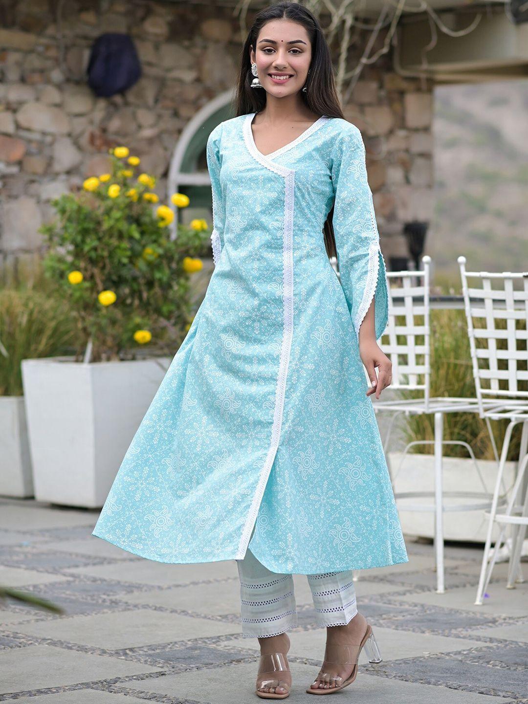 hatheli ethnic motifs printed a-line pure cotton kurta with trousers