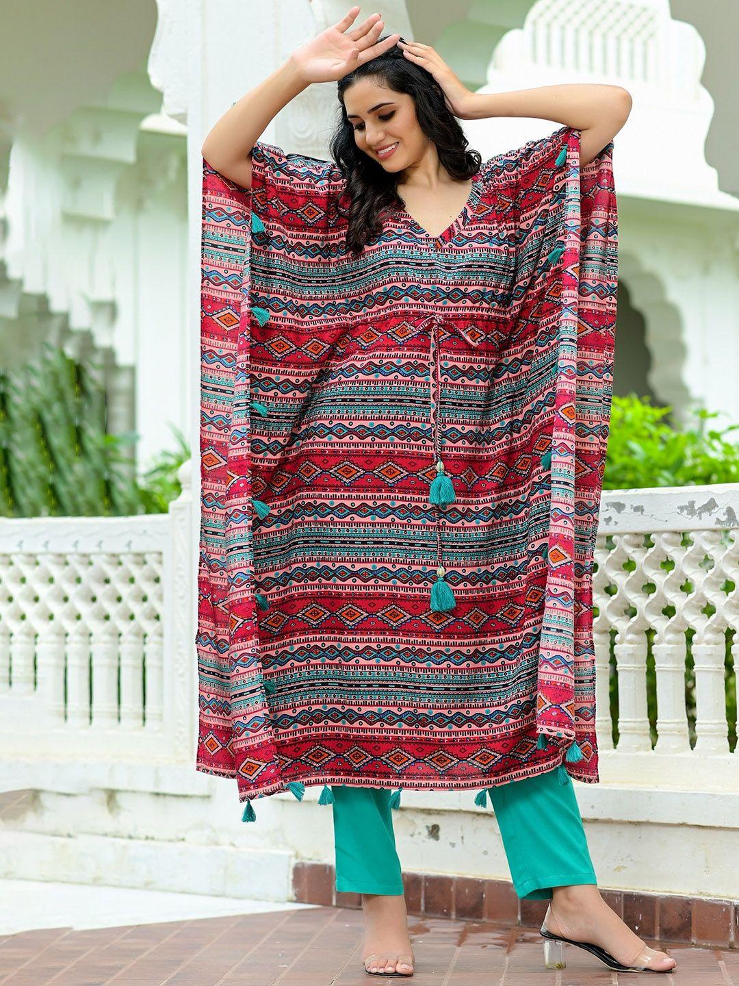 hatheli ethnic motifs printed kaftan pure cotton kurta with trousers