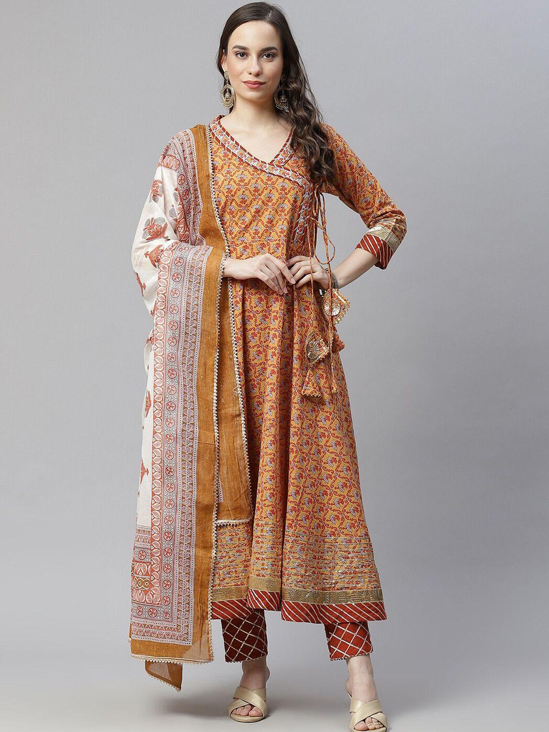hatheli ethnic motifs printed pure cotton angrakha anarkali kurta with trousers