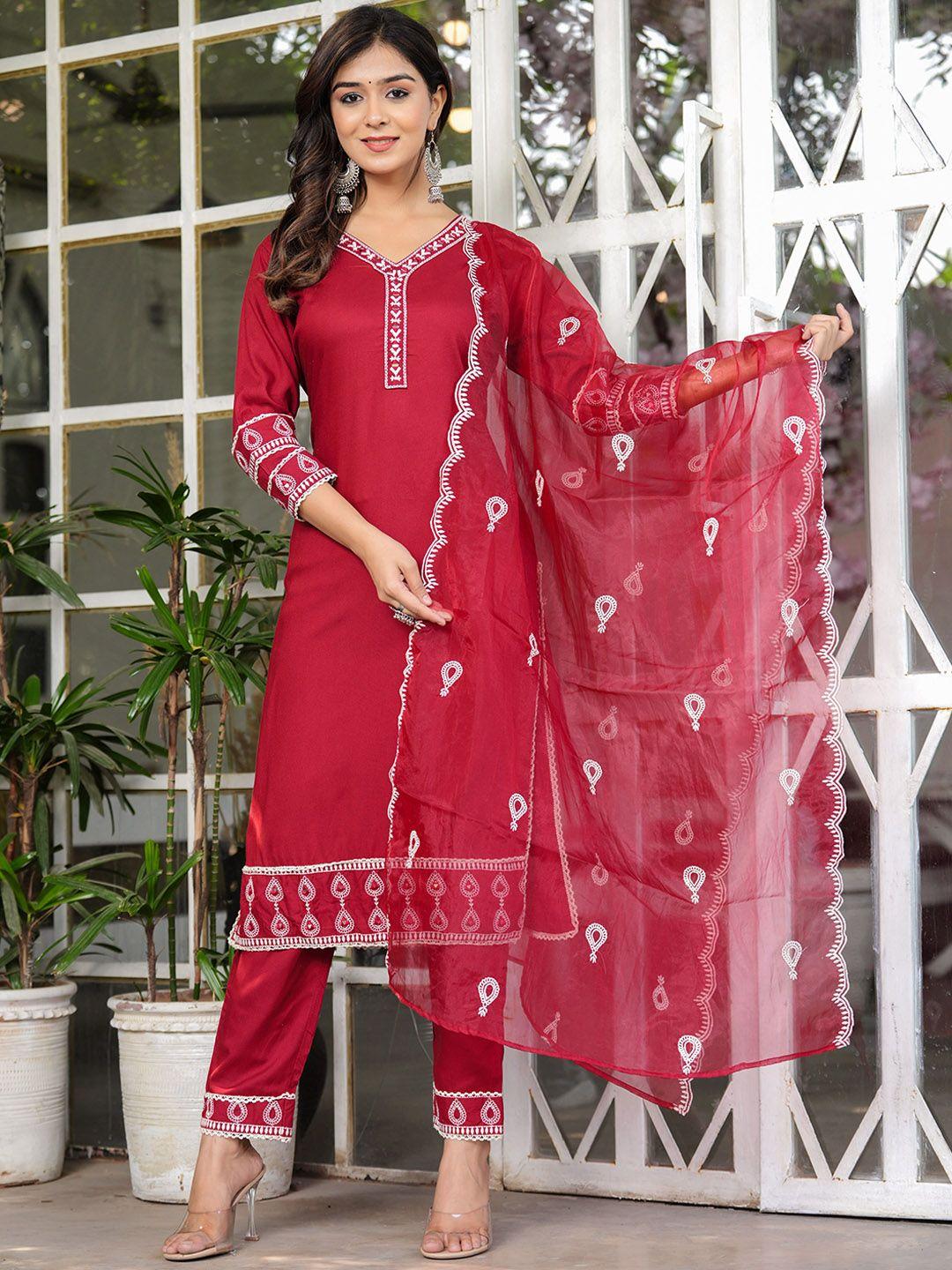 hatheli ethnic motifs yoke design thread work kurta & trousers with dupatta