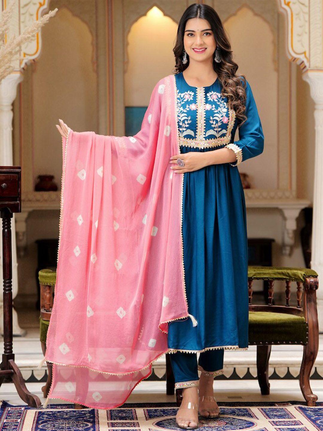 hatheli ethnic motifs yoke design thread work pleated a-line kurta with trousers & dupatta