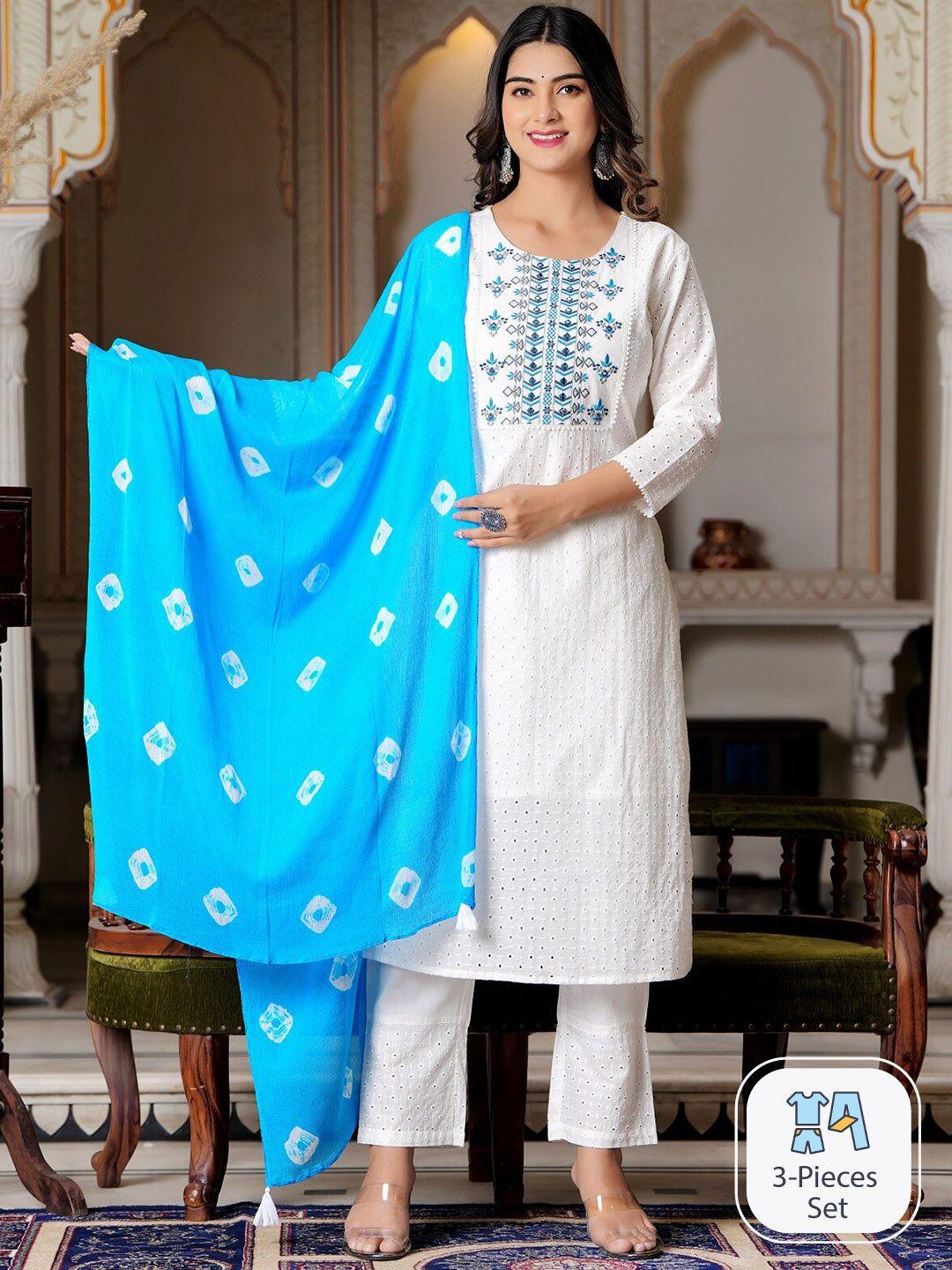 hatheli floral embroidered pure cotton kurta with trousers & with dupatta