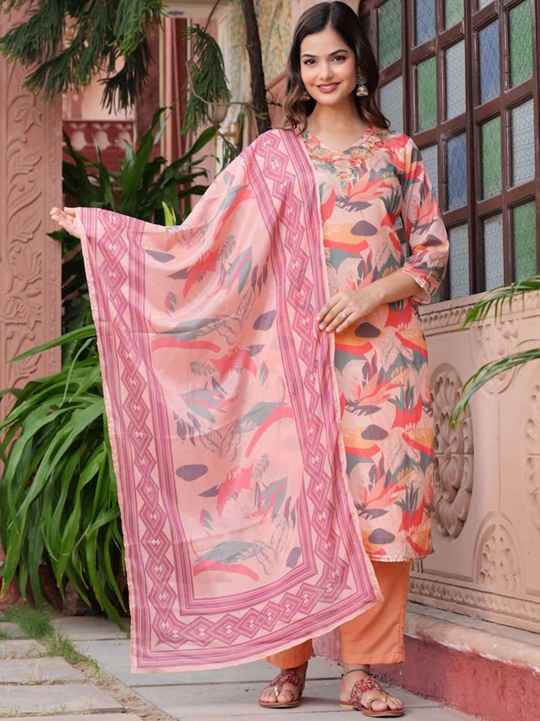 hatheli floral printed regular pure cotton straight kurta with trousers & dupatta