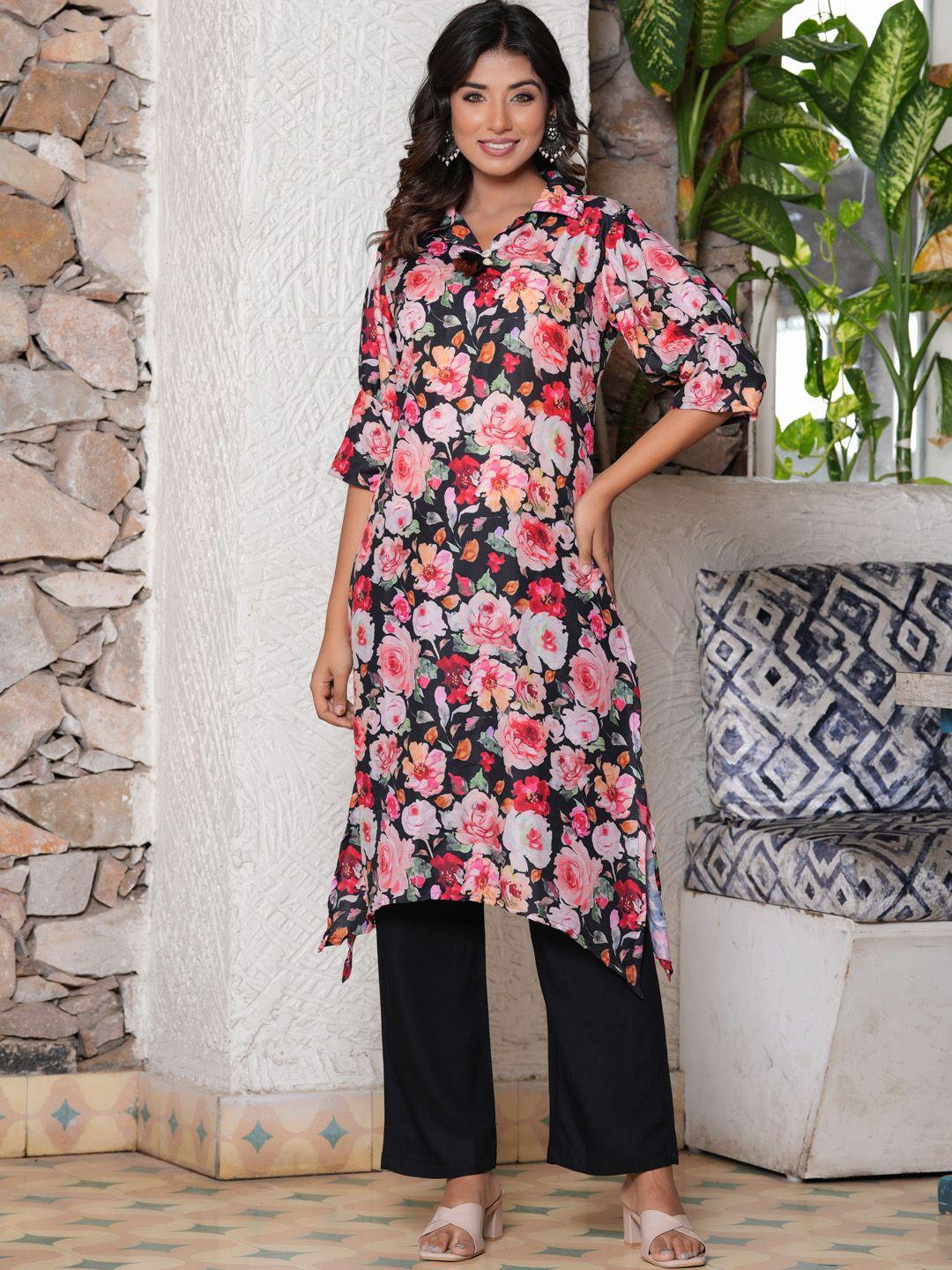 hatheli floral printed shirt collar straight kurta with trousers