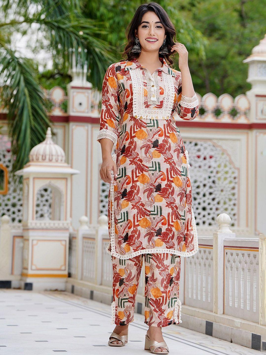 hatheli floral printed shirt collar thread work kurta with trousers